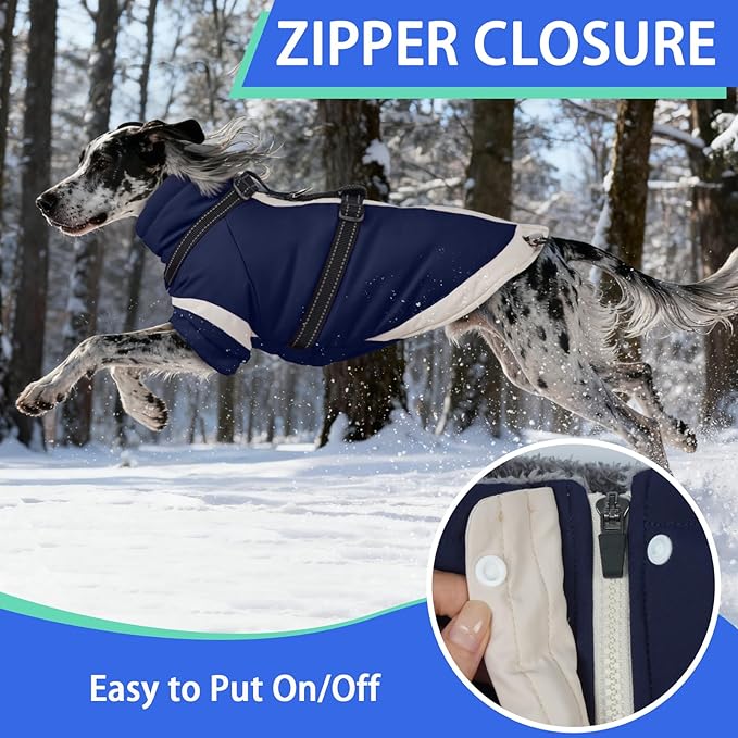 MIGOHI Dog Coat with Harness Built in, 2-in-1 Water-Resistant Dog Jacket, Reflective Snowsuit for Large Dogs, Fleece Lined with Turtleneck, Adjustable Buckle Coats, Border Collies, Navy Blue, XL