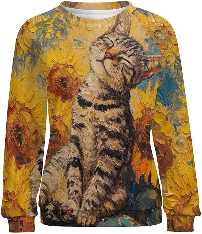 Long Sleeve Shirts for Women Cat Oil Painting Shirt 3D Graphic Sweatshirts Fall Pullover Crewneck Vintage Boho Tops