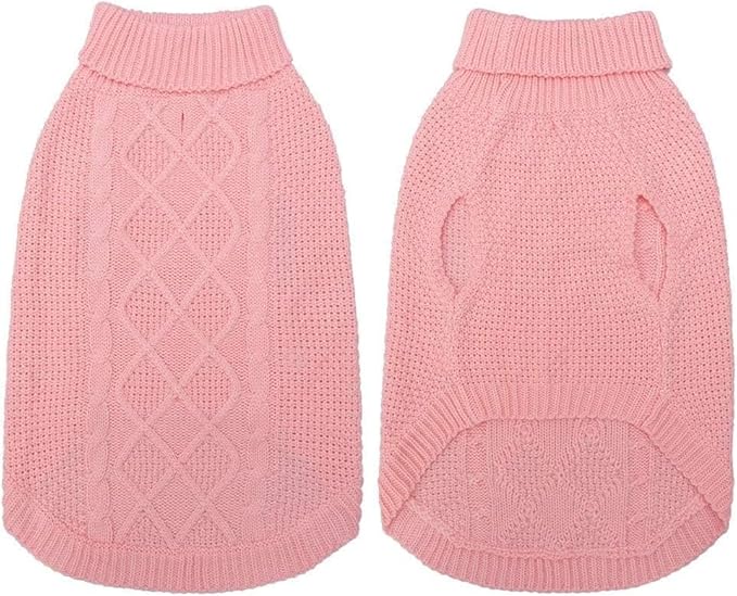 Mihachi Turtleneck Dog Sweater - Winter Coat Apparel Classic Cable Knit Clothes with Leash Hole for Cold Weather, Ideal Gift for Pet in New Year Flesh Pink Medium/Large