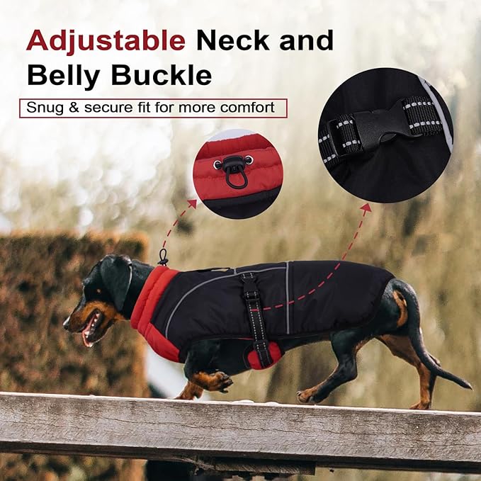 Lelepet Dachshund Coat Warm Dog Winter Coat Waterproof Dog Jacket with Fleece Lining, Reflective Outdoor Dachshund Snowsuit with Leash Hole Adjustable Neckline,Coats for Small Medium Dogs,Red, S