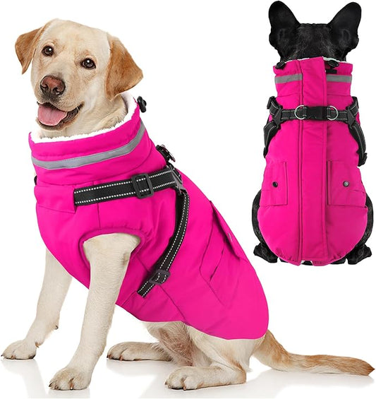 Dogcheer Dog Coat with Harness, Waterproof Warm Dog Winter Jacket with Pockets, Reflective Pet Fleece Jacket Turtleneck Snowsuit for Small Medium Large Dogs - Pink, 2XL
