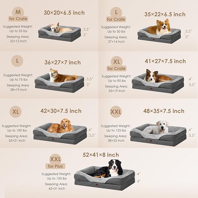 EHEYCIGA Memory Foam XL Dog Bed for XLarge Sized, Extra Large Orthopedic Dog Sofa with Sides and Waterproof Liner, Washable Bolster Pet Bed Couch with Removable Cover, 42x30x7.5 Inch, Grey