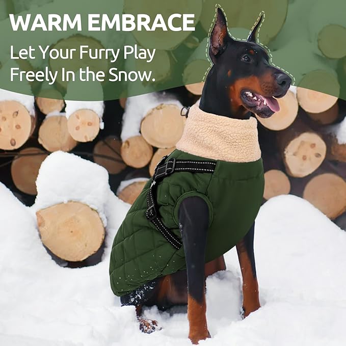Queenmore Dog Jackets for Medium Dogs, Dog Coat with Harness Built in, Waterproof Pet Winter Coat with Zipper On Back Doggy Snowsuits Warm Pet Jacket for French Bulldog, Poodle, Corgi, ArmyGreen M