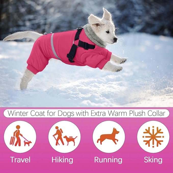 BRKURLEG Dog Winter Coat with Harness Built in, Winter Dog Jacket for Small and Medium Dogs, Small Dogs Snowsuit Reflective Windproof Cold Weather Coat, Puppy Warm Fleece Coats, Hot Pink, S