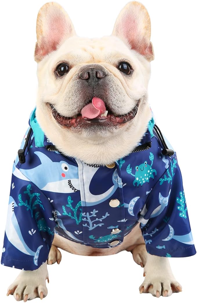 HDE Dog Raincoat Poncho Double Layer Zip Rain Jacket with Removable Hood, Leash Hole for Small to 3XL Dogs and Puppies Sharks - S