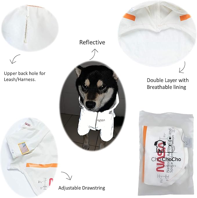 ChoChoCho NASA Dog Raincoat, Reflective Water Proof Rain Jacket, Costume, Clothes, Pet Stylish Streetwear Outfit for Cat Puppy Small Medium Large (White, 3XL)