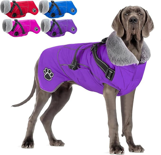 Doglay Dog Jacket Waterproof Dog Coat with Harness Built in, Christmas Puppy Winter Coat Reflective Turtleneck Puffer Snow Jackets for Small Medium Large Dogs