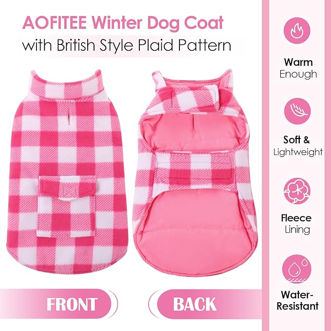 AOFITEE Dog Coat Plaid Dog Winter Coat for Small Dogs, Warm Dogs Jacket Christmas Sweater, Waterproof Pet Puffer Jacket, Reversible Pet Cold Weather Coats for Small Medium Large Pets, Pink M