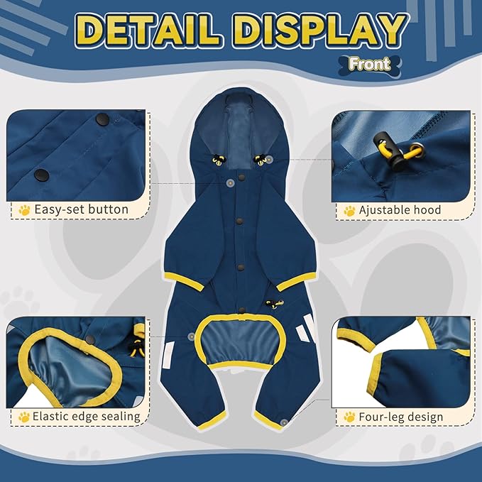Dog Raincoat, Waterproof Dog Rain Jacket with Hood, Rain Coat with Leash Hole, Reflective Strap for Small Medium Dogs, Lightweight Puppy Clothes(Blue,XS)