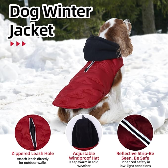 Nanaki Easy On Adjustable Pet Winter Coat Vest-Cold Weather XL Dog Coats with Hood, Warm Reflective Dog Puffer Vest Snowsuit for Pitbull, Soft Lightweight Puffer Coat for Outdoor Activities, Red