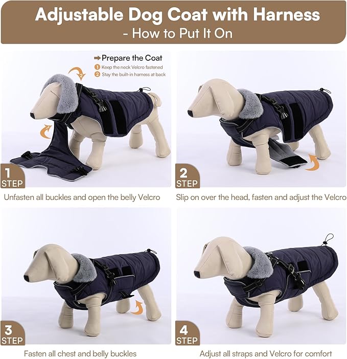 Queenmore Dog Coats for Large Dogs Winter Waterproof with Harness Built-in, Pet Puffer Warm Jacket with Harness for Snow/Cold Weather for Large Breed - Fleece Lining Easy-on Reflective, Navy L