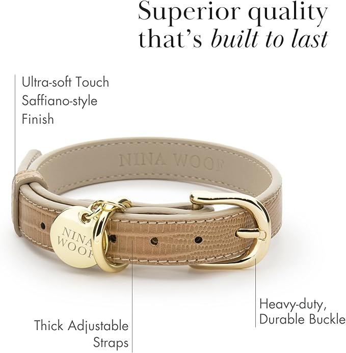 Nina Woof Milan Vegan Leather Dog Collar - Padded Luxury Collar with Adjustable Buckle - For Small to Large Dogs - Beige, Large