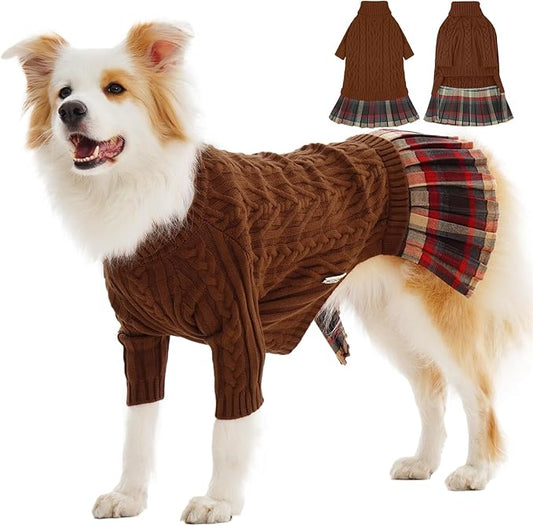 IECOii XL Dog Sweater Dress for Large Dogs Girl, Cable Knit Winter Dress for Female Dogs, Caramel,XLarge, Soft Girl Dog Sweater with Tartan Plaid Skirt Cute Turtleneck Knitwear for Cold Weather