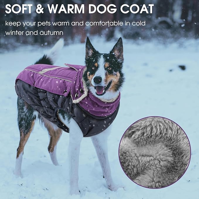 Queenmore Waterproof Dog Coat for Small Dogs,Reflective Windproof Dog Jackets with Leash Hole,Winter Dogs Coat with Zipper On Back,Warm Snowsuit with Fleece Lining（Purple,XS