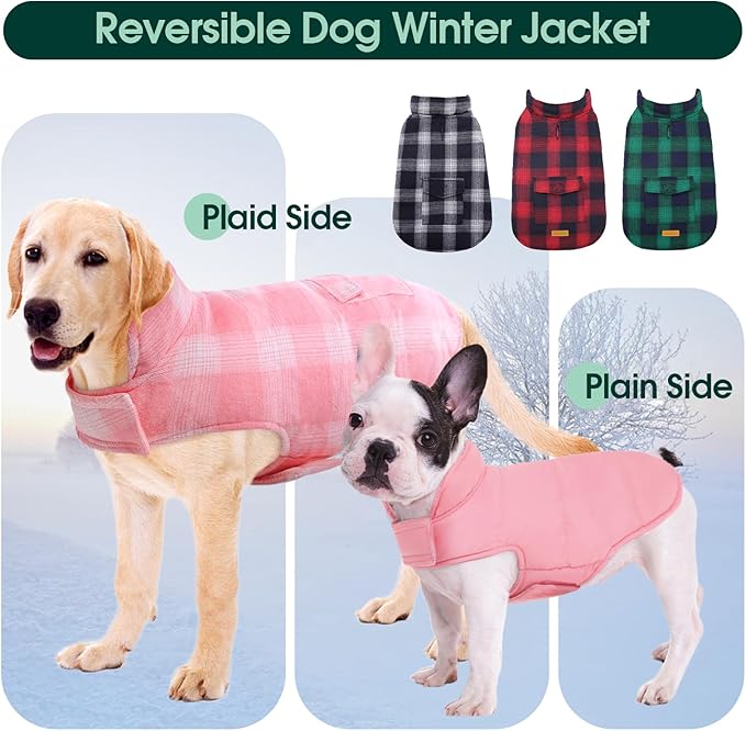 Kuoser Reversible Winter Coat, British Style Jacket for Small Medium Dogs - Warm, Windproof Puppy Cold Weather Vest, Pink M
