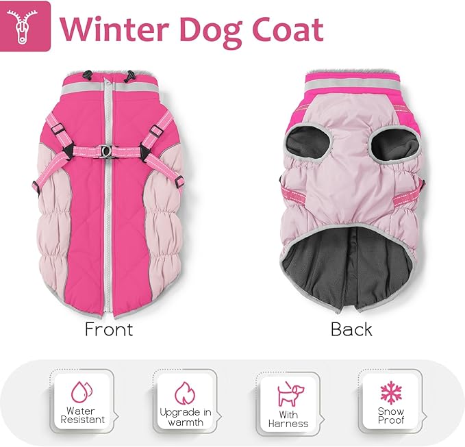 Dog Winter Coat with Harness, Dog Jacket, Pet Clothes with Zipper on Back, Waterproof Windproof Warm Vest, Reflective Cold Weather Coats, for Small Medium Large Dogs, Thick, Pink, S