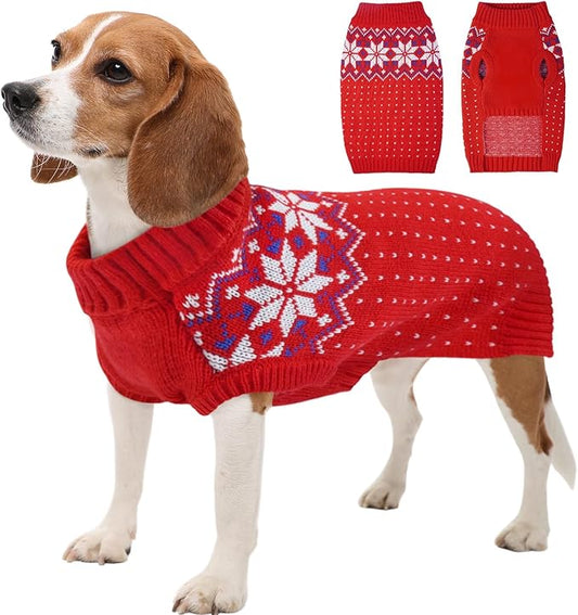 Kuoser Dog Sweater, Holiday Christmas Snowflake Pet Warm Knitwear Dog Sweaters Soft Puppy Clothing, Doggie Turtleneck Cold Weather Outfit Pullover for Small Medium Large Dogs Cats, Red L