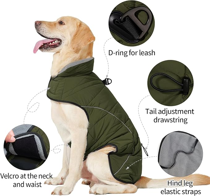 HEYWEAN Dog Winter Coat - Waterproof Windproof Reflective Vest for Medium & Large Breeds Adjustable Warm FleeceLined Jacket with Magic Tape & D-Ring for Leash Cold Weather Apparel (Green, Large)