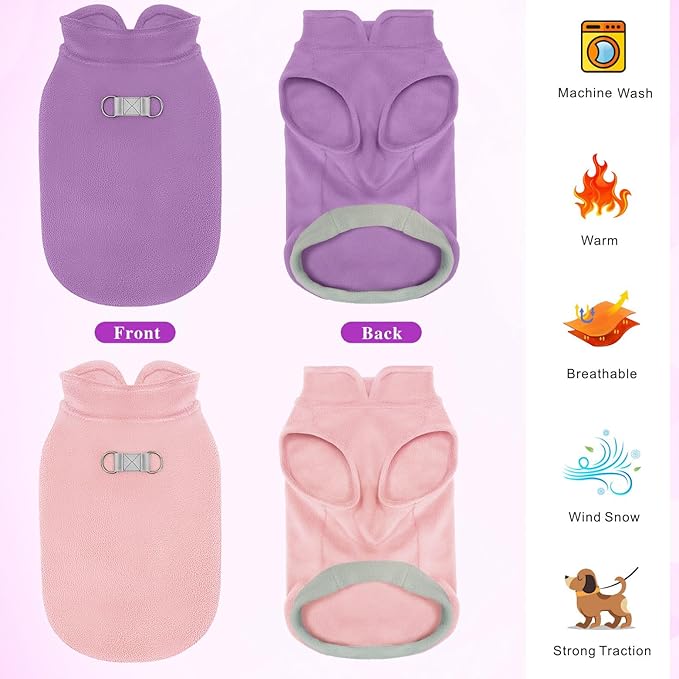 Idepet 2 Pack Dog Fleece Vest Sweater Warm Pullover Jacket with D-Ring Leash Reflective Winter Coat Hoodie for Puppy Cat French Bulldog Pug Chihuahuas Yorkies Dachshunds(Purple&Pink,Small)