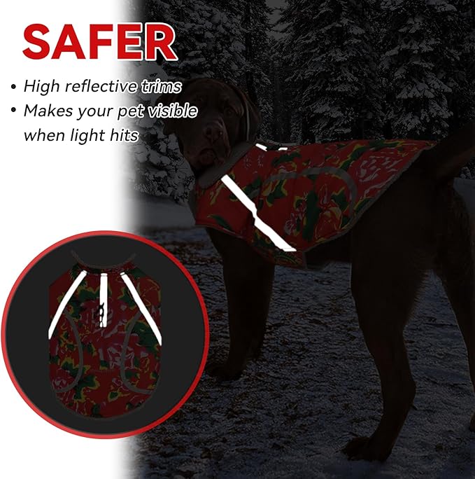 VIVAGLORY Frostfit Dog Coat, Dog Jacket for Winter & Cold Weather, Warm Fluffy Fleece Lined Water Resistant Reflective for Puppy, Coat with Velcro Fastening & Leash Hole, XL, Northeast Florals-Red