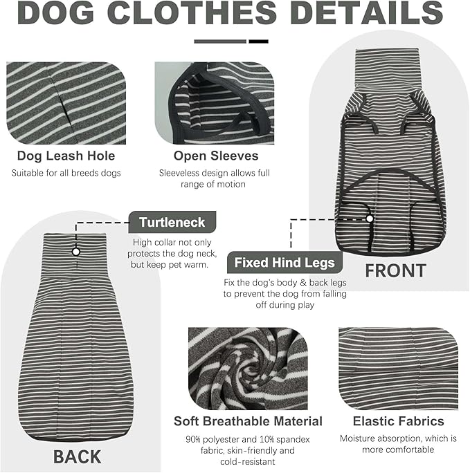 ROZKITCH Dog Winter Coat Soft Pullover Pajamas, Stripe Pet Windproof Warm Cold Weather Jacket Vest Cozy Jumpsuit Apparel Outfit Clothes for Walking Hiking Travel Sleep Stripe L
