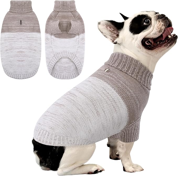 Queenmore Small Dog Sweater, Knitted Pullover Puppy Sweater,Cold Winter Pet Sweaters for Dog Girls Boys, Soft Turtleneck Knit Sweater with Leash Hole,Long Sleeves Christmas DogSweater(Khaki,S)