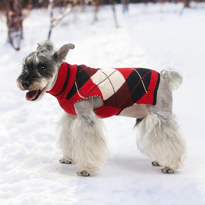 KOOLTAIL Dog Sweater Pet Knitted Clothes-Classic Plaid Pullover Turtleneck Red Fleece Dog Christmas Sweaters with Leash Hole, Thick Warm Dog Winter Clothes for Small Medium Large Dogs Cats Puppy, ML