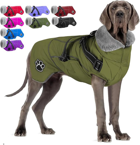 Doglay Dog Coat with Harness, Reflective Warm Dog Jacket Waterproof Puppy Winter Coat for Cold Weather, Adjustable Fleece Jacket for Small Medium Large Dogs
