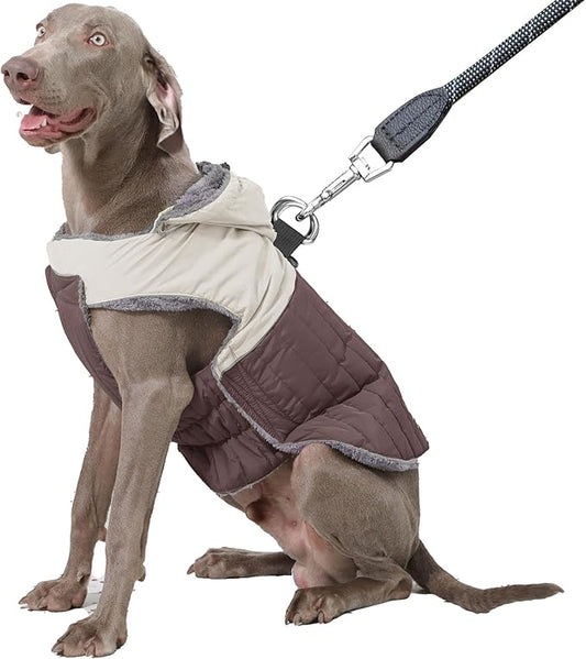 Detachable Hooded Dog Coat with Harness for Large Dogs,Super Warm Fleece Puppy Jacket for Cold Winter Doggie Coats,Brown XXXL