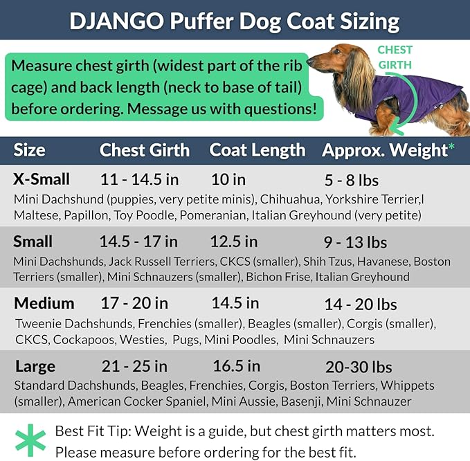 DJANGO Reversible Puffer Dog Coat – Warm Winter Dog Jacket & Water-Repellent Insulated Dog Coat w/Harness Hole, Windproof, Adjustable Fit for Small & Medium Dogs, Dachshunds – Violet Purple, Medium