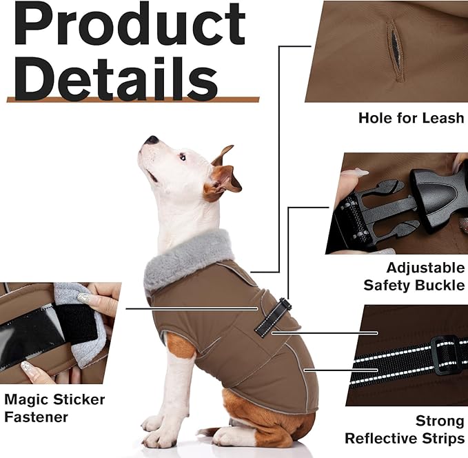 Lelepet Warm Dog Coats for Small Dogs Waterproof Dog Jacket Reflective Pet Fleece Vest Windproof Cold Weather Coats with Adjustable Buckle & Leash Hole, Turtleneck Doggy Snowsuit, Brown, S