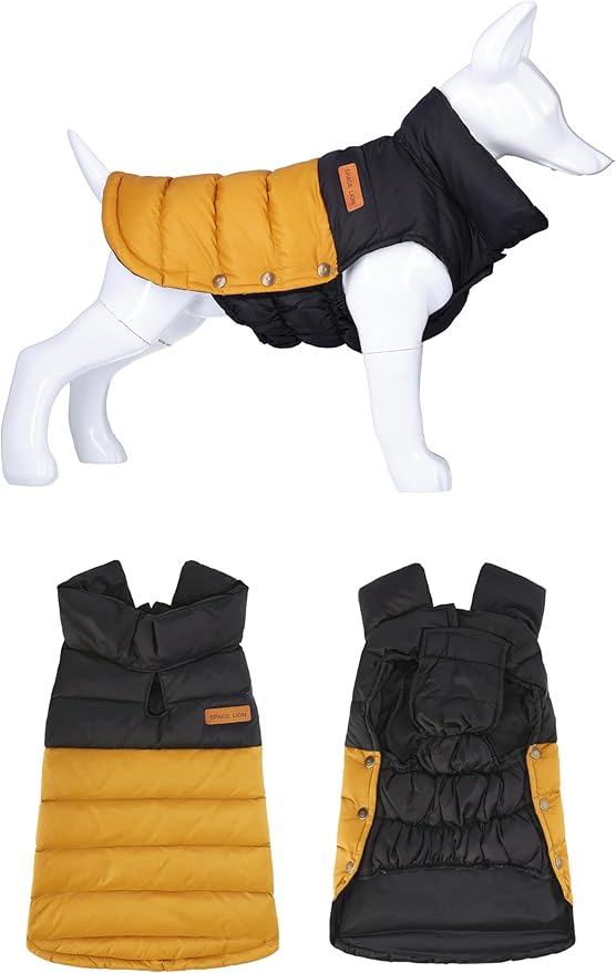 SPACE LION Dog Puffer Jacket, Down Winter Coat, Durable Outdoor Coat for Cold and Windy Conditions, Waterproof, Lightweight Jacket, Adjustable Fit for Small, Medium, Large Dogs(BlackKhaki,20/XL)