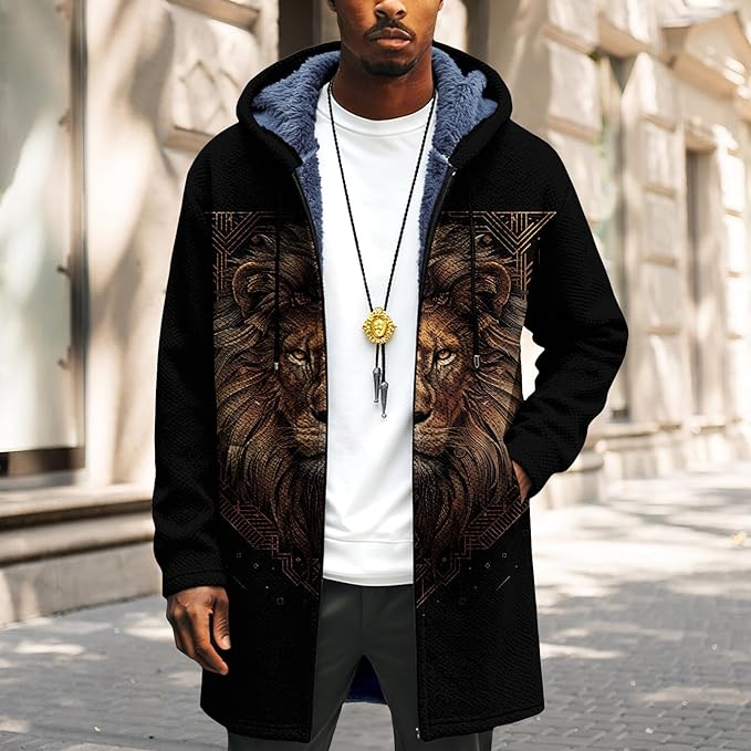 Mens Long Cardigan Hoodies Full Zip Fleece Lined Jackets Fashion Knitted Color Block Hooded Coat with Pockets