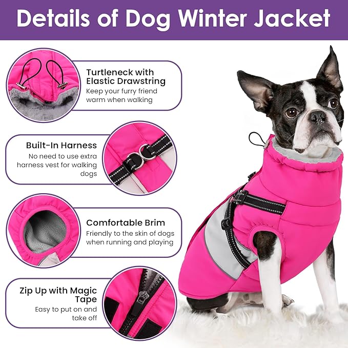 SUNFURA Small Dog Coat with Harness Built in, Warm Dog Jacket Winter with Zipper On Back, Waterproof Pet Snow Jacket Snowsuit Pet Sweater Clothes for Puppy, Hot Pink XS