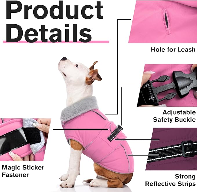 Lelepet Warm Dog Coats for Extra Large Dogs Waterproof Dog Winter Jacket Reflective Pet Fleece Vest Windproof Cold Weather Coats with Adjustable Buckle & Leash Hole, Pink, XXXL