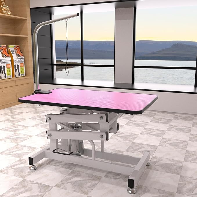 Hydraulic Dog Pet Grooming Table, 42 Inch Heavy Duty Z Lift Structure Professional Dog Grooming Table Suitable for Large Dogs at Home with Adjustable Arms, Clamps and 2 Grooming Noose, Pink