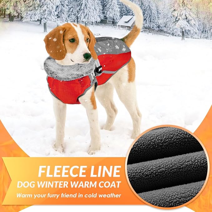SlowTon Dog Jacket with Harness Built in - Waterproof Fleece Winter Warm Dog Coats for Small Medium Dogs, Reflective Adjustable Furry Puppy Vest Clothes for Outdoor Walking (Red & Black,XL)