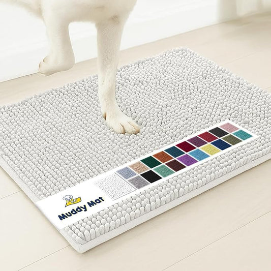 Muddy Mat® AS-SEEN-ON-TV Highly Absorbent Microfiber Door Mat and Pet Rug, Non Slip Thick Washable Area and Bath Mat Soft Chenille for Kitchen Bathroom Bedroom Indoor and Outdoor - White 36" x 120"