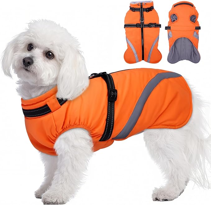 BRKURLEG Dog Winter Jackets for Small Dogs, Dog Coat with Harness Built in, Dogs Snowsuits with Zipper, Waterproof Windproof Pet Puffer Jacket Fleece Vest for Shih Tzu, Maltese, Orange S
