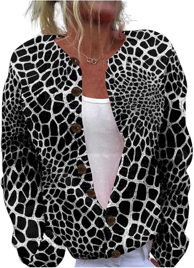 HOTYD Aztec Print Cardigans Sweaters for Women Crewneck Graphic Button Cardigan Casual Chunky Knit Sweater Fall Outfits