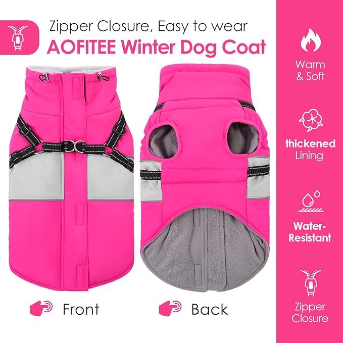 AOFITEE Dog Coat, Large Dog Jacket, Dogs Coat with Harness Built in, Reflective Waterproof Dogs Jackets Winter with Furry Collar, Warm Polar Fleece Pet Sweater Snowsuit for Doberman, Great Dane, XXL