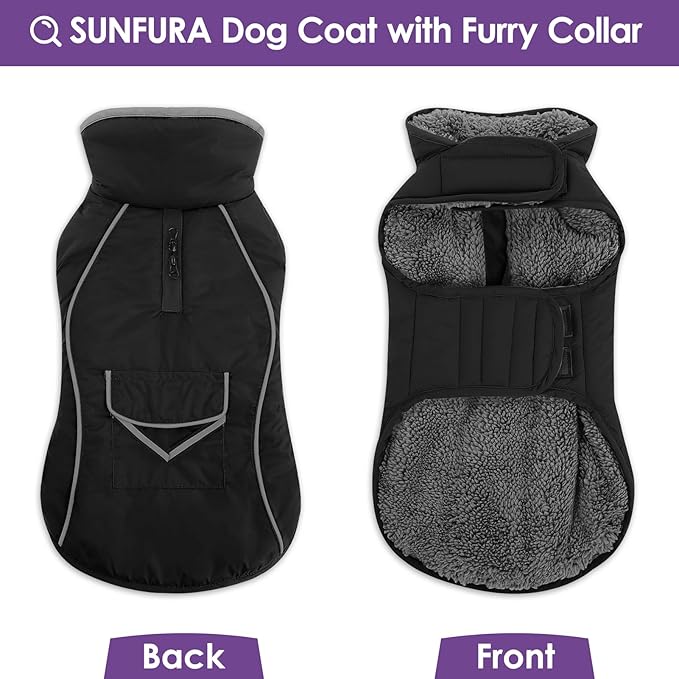 SUNFURA Dog Coat, Warm Dog Coat XXL Puffer Jacket with Harness Hole, Reflective Pet Snow Jacket Turtleneck Fleece Vest for Weimaraner, Labrador, Golden Retriever, Black 2XL