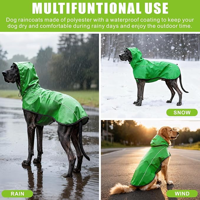 Mosucoirl Dog Raincoat Jacket Reflective Adjustable Hooded Pet Poncho Rain Coats with Leash Hole Waterproof Clothes for Small Medium Large Dogs (Green, XL)