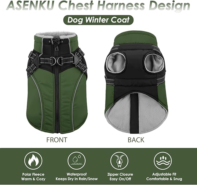 ASENKU Reflective Dog Coat with Built-in Harness, Windproof Fleece-Lined Dog Jacket for Small, Medium, Large Dogs, Warm Winter Vest with Turtleneck & Zipper (Green L)