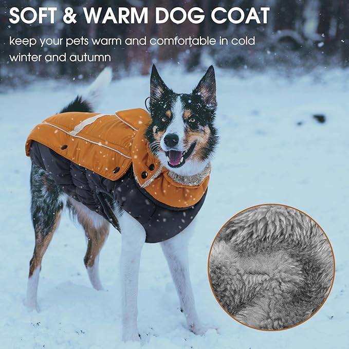 Queenmore Warm Fleece Dog Jacket with Leash Hole - Cold Weather Waterproof Dog Snow Jacket & Reflective Turtleneck Coat for Small-Medium & Large Dogs (Brown, L)