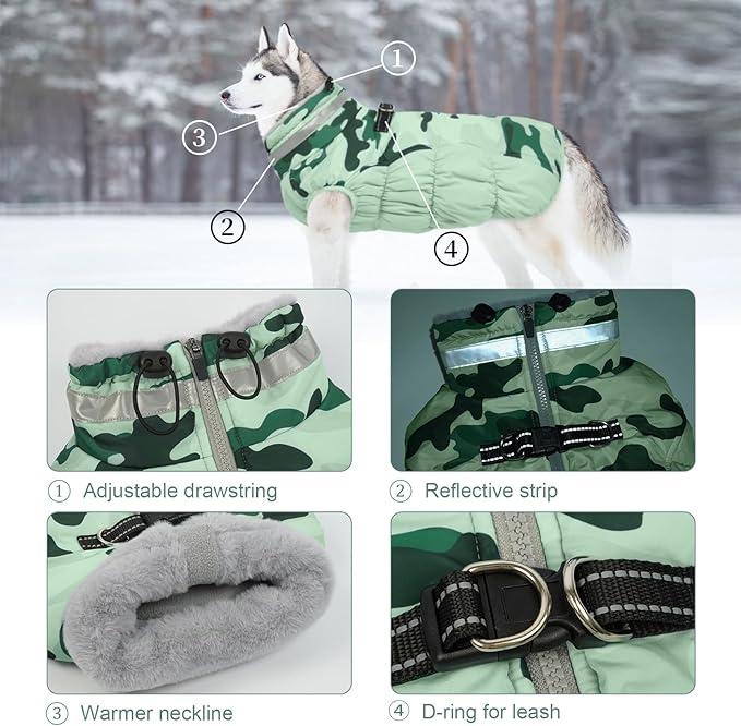 Lelepet Warm Dog Winter Coat Dog Coats for Large Dogs Waterproof Dogs Jacket with Harness Built in Reflective Cold Weather Coats Zip-Up Winter Fleece Vest Snowsuit Boston Terrier Mint Green Camo L