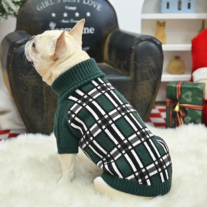 SCENEREAL Turtleneck Dog Sweater for Small Medium Large Dogs Girls Boys, Christmas Plaid Pullover Puppy Sweatershirt, Dogs Cold Weather Outfit Clothes, Ideal Gift for Pet in New Year, Green Plaid SM