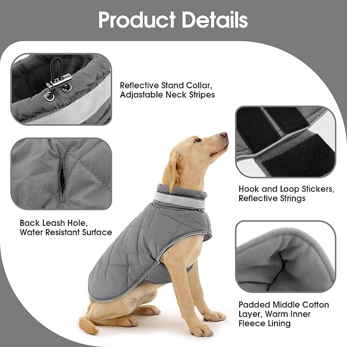 Dog Winter Coat Warm Padded Puppy Jacket Windproof Water Resistant Clothes for Small Medium Large Pets Christmas Sweater Outfit Vest(Grey, M)