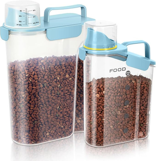 Dog Food Storage Container, Upgraded Large Nozzle BPA-free, (3LBS +5LBS) Plastic Pet Food Storage Containers, With 4 Sealed Clasps, 1 Measuring Cup and Handle (Bright blue)