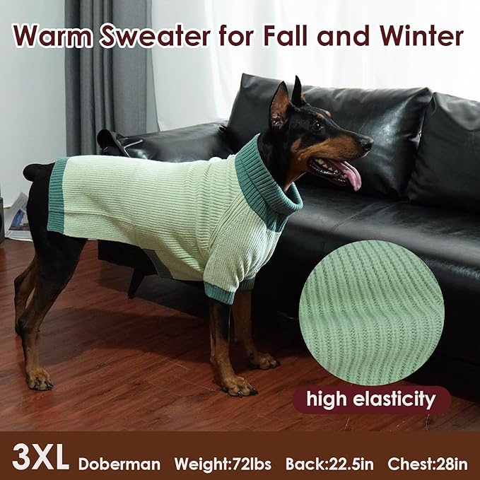 XXXL Dog Sweater, Stretchy Turtleneck Sweaters for Large Dogs Male Female, Soft Dog Pullover Sweater with Leash Hole, Pet Christmas Clothes Holiday for Husky, Golden Retriever, Doberman, Green 3XL
